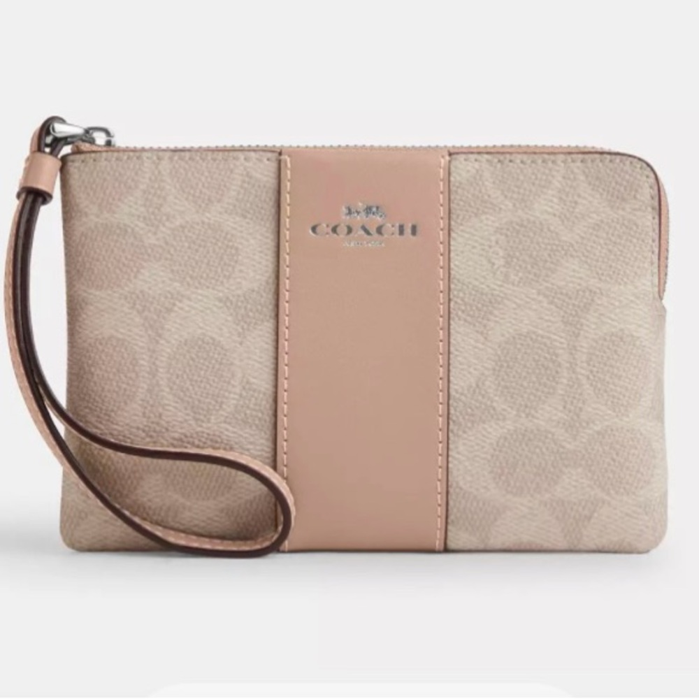 Coach Corner Zip Wristlet In Signature Canvas silver/sand/taupe